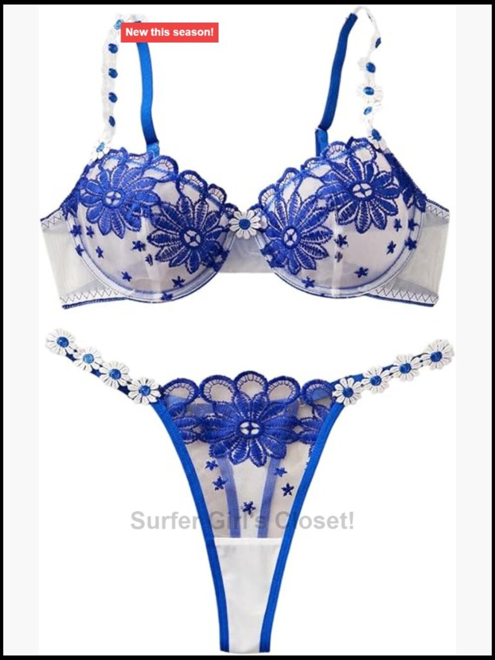 Floral Embroidery Lace Sheer Lingerie Set Chain Straps Thong